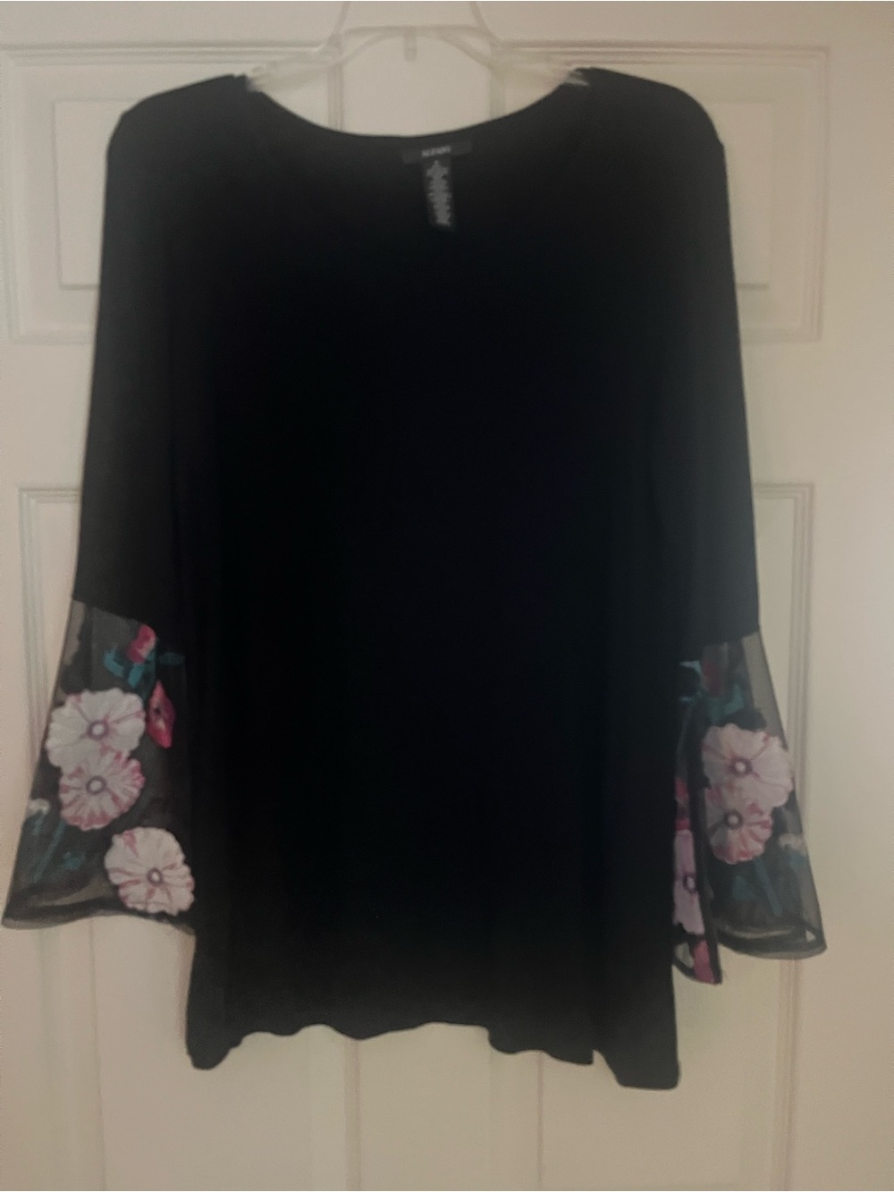 Alfani Black Top with Floral Mesh Bell Sleeves
